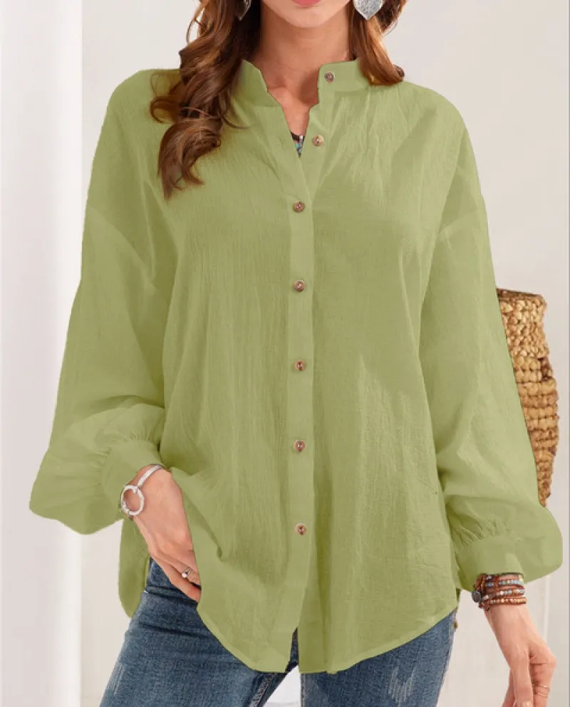 2022 Button Up Camicia Primavera Estate Casual Manica Lunga Delle Donne Magliette e camicette di Colore Solido Cotone Lino Camic