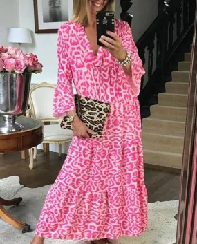Abito lungo leopardato rosa Autunno moda Ins Abito da vacanza per donna Abiti eleganti da spiaggia con volant Abiti da vestaglia