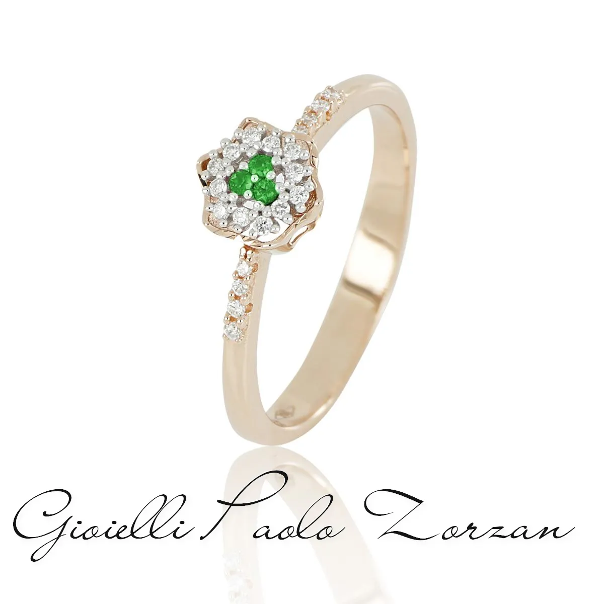 Anello Artlinea solitario a fiore in oro 18 kt con diamanti bianchi naturali e tsavoriti AD1094/TS-LK