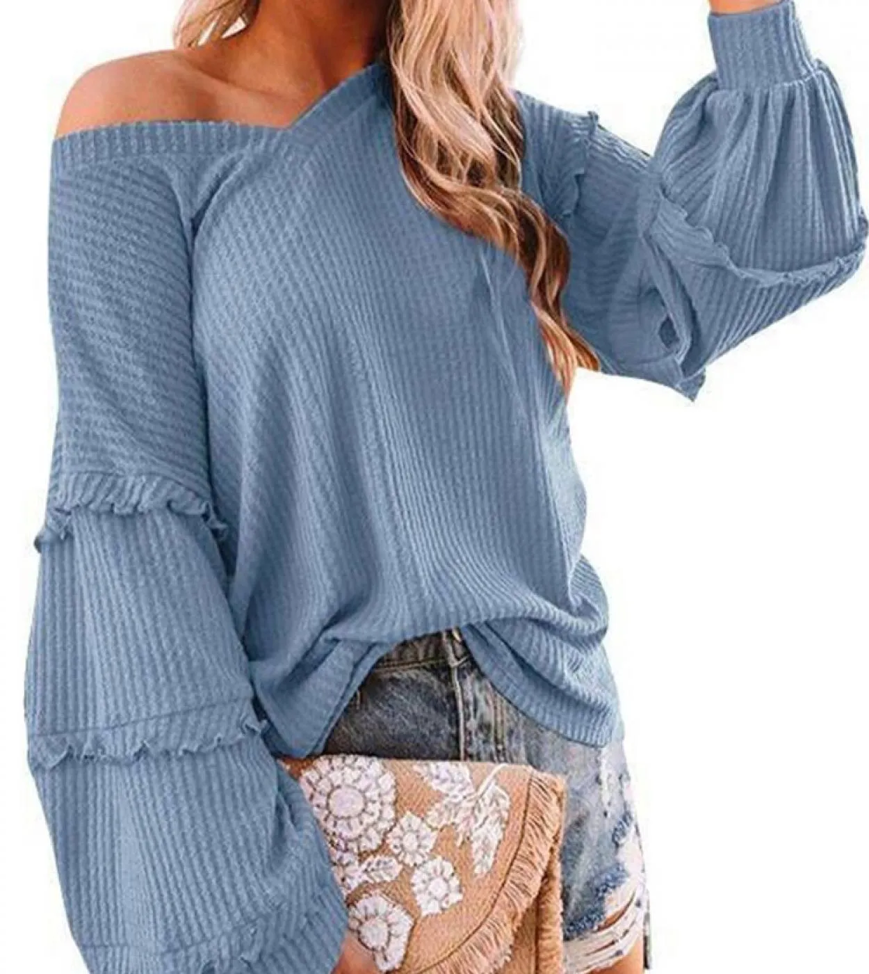 Camicetta a nido dape da donna con scollo a V Volant casual Moda elegante Autunno e inverno Lanterna Maglie a maniche lunghe Ca