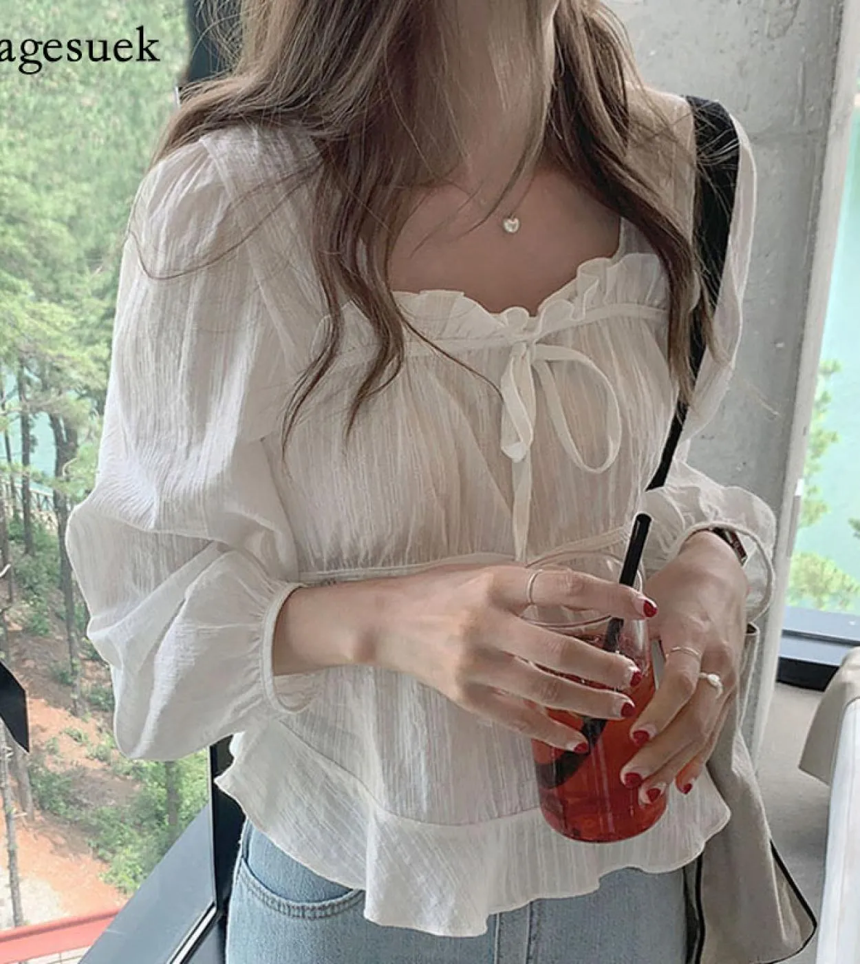 Camicie bianche eleganti a maniche lunghe Camicie da donna in pizzo con ricami autunnali Camicette da donna casual in lino di co