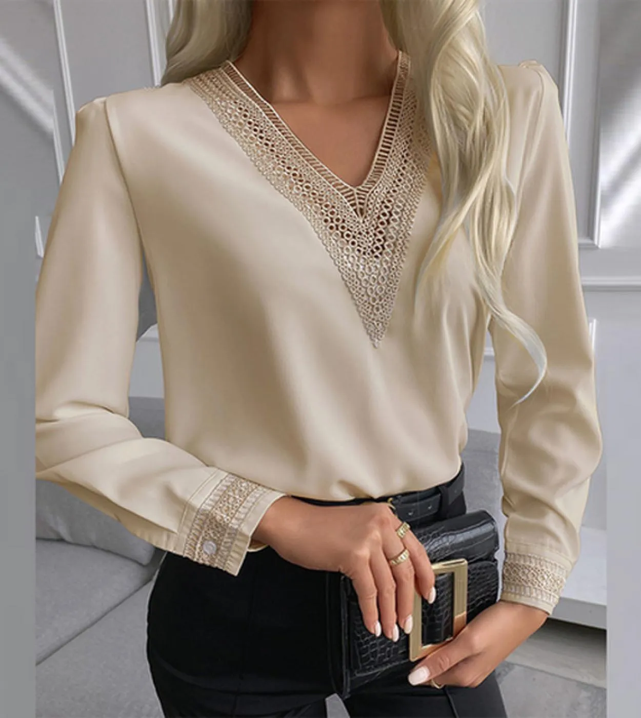 Camicie casual in chiffon di seta satinata Camicetta a maniche lunghe in pizzo con scollo a V ricamato Donna tinta unita Autunno