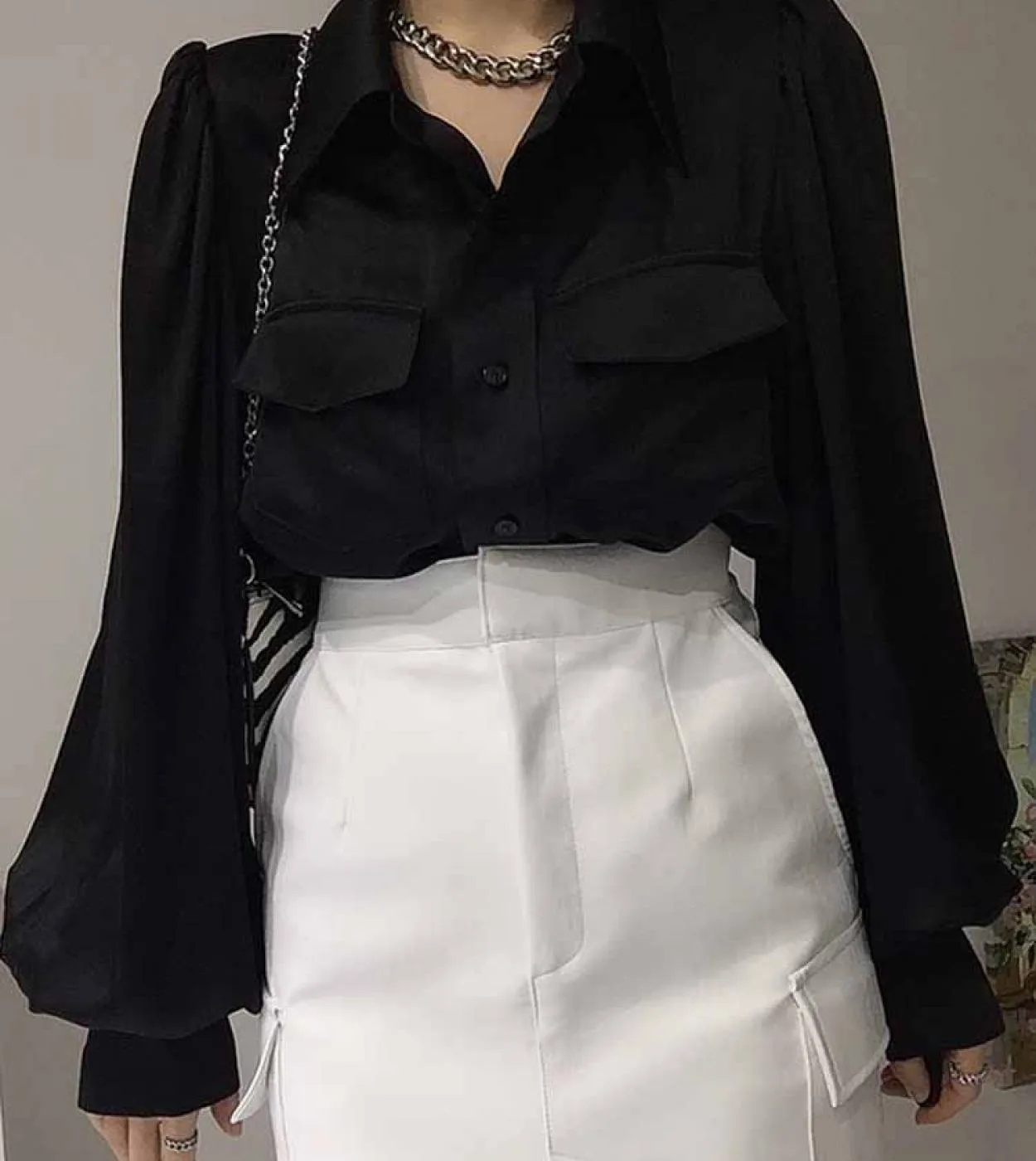 Camicie con bottoni alla moda con maniche a sbuffo Colletto rovesciato Camicetta da donna Top vintage Abbigliamento femminile el