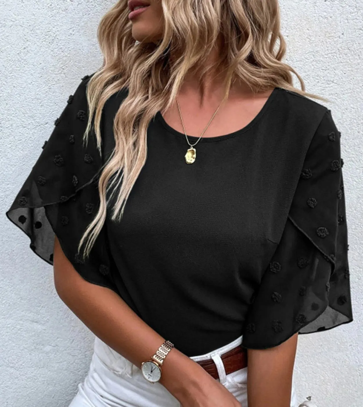 Elegante camicetta estiva manica corta petalo casual in chiffon moda o collo donna top larghi mujer camicie da ufficio panno da