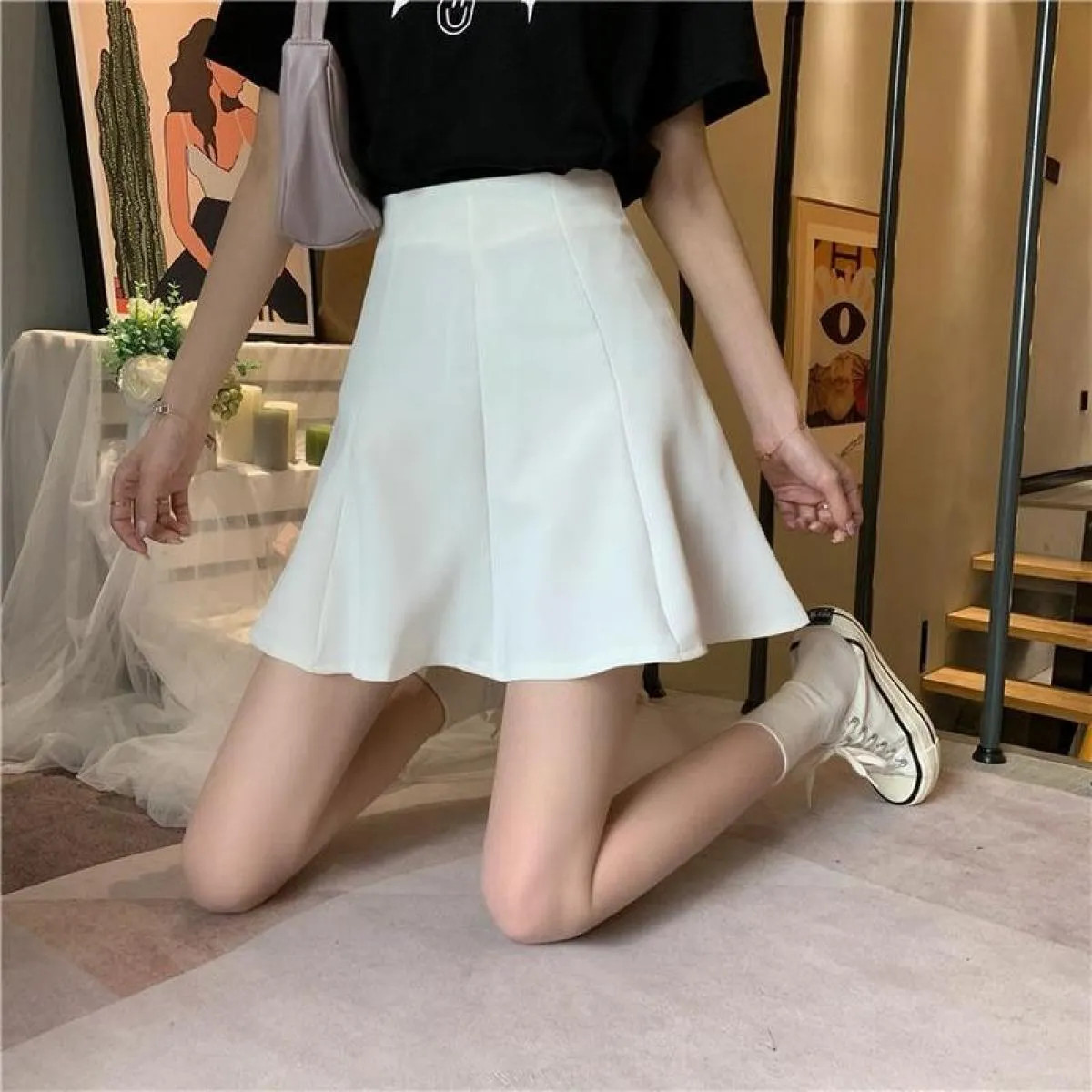 Gonne Donna Estate Moda Allmatch Pieghettato Colore puro Stile vita alta Mini Ragazze carine Semplice Jupe femminile per il temp