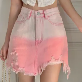 Gonne Donna Gradiente Sciolto Moda Semplice Denim Tempo libero Nappa Dolce Tutto abbinato Mini Stile Vita alta Creatività Studen