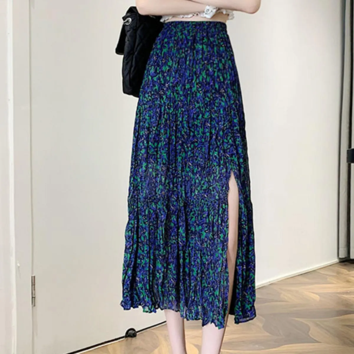 Gonne midi Donna Spacco laterale Pieghe floreali Semplice Casual Stile quotidiano Donna Linea A Impero Elegante Gonne estive Pop