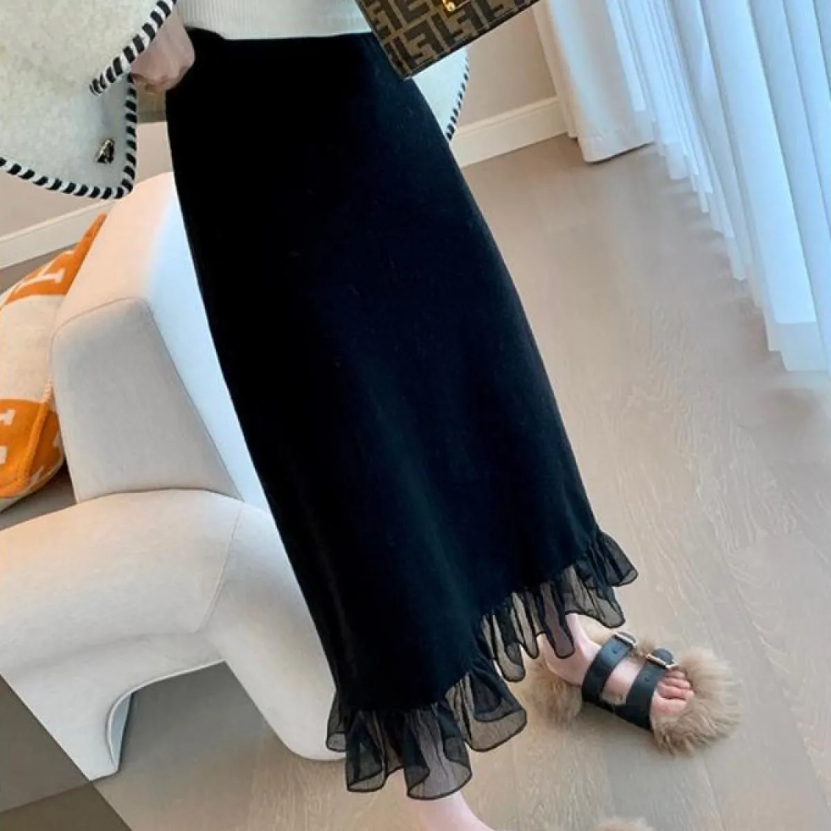 Gonne midi solide Donna Nuovo autunno Semplice Una linea Elegante da ufficio da donna Volant temperamento vintage Progettato Pop