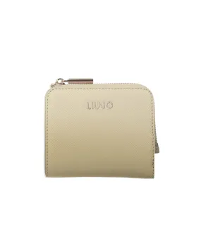 Portafoglio misura piccola color oro in similpelle saffiano con logo frontale in metallo