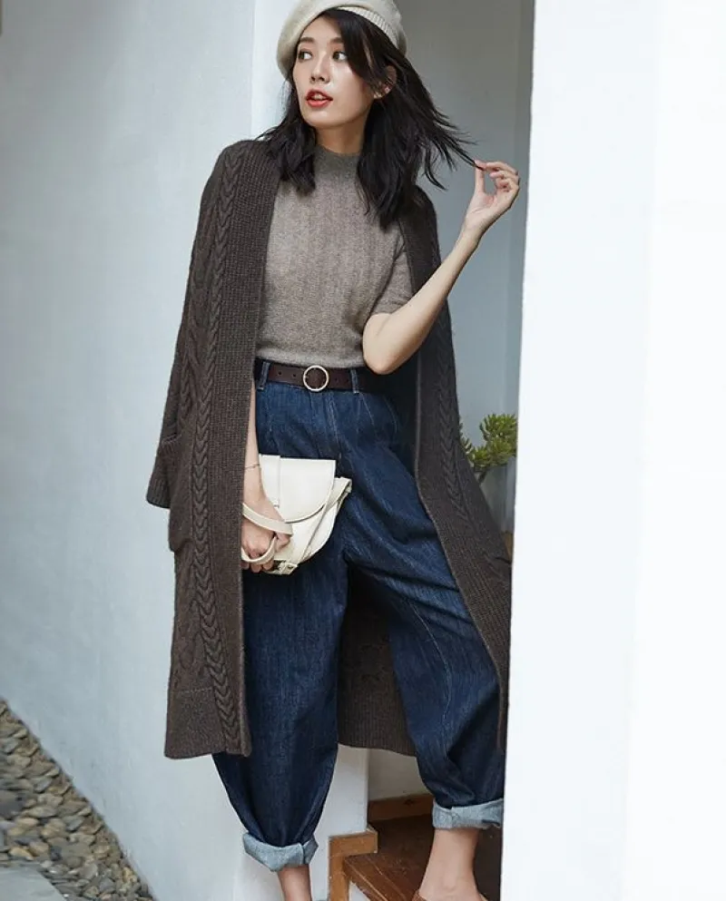 [shenghong] Nuovo stile sciolto stile pigro modello di cavo addensato cardigan in velluto di yak giacca lavorata a maglia da don