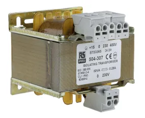 Trasformatore RS PRO, primario 230 V ac to 415V ca, secondario 230V ca 84%, 50VA, 1 uscite, Pannello 27/48Ω