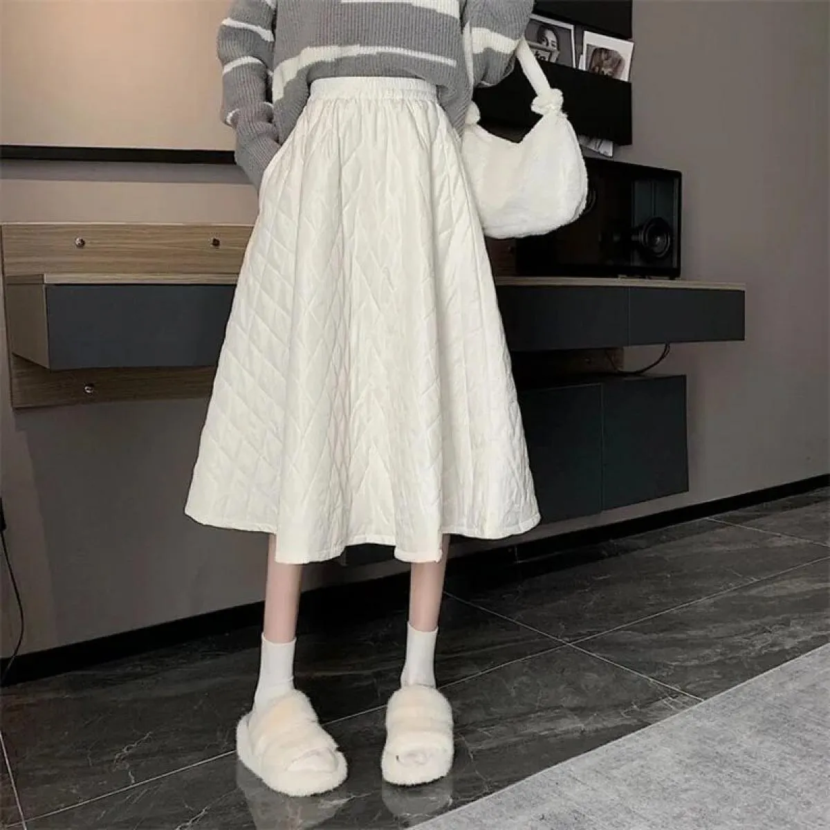 Xpqbb Autunno Inverno Aggiungi Gonne a linea da donna in cotone Gonna lunga elastica a vita alta nera più bianca Donna Addensata